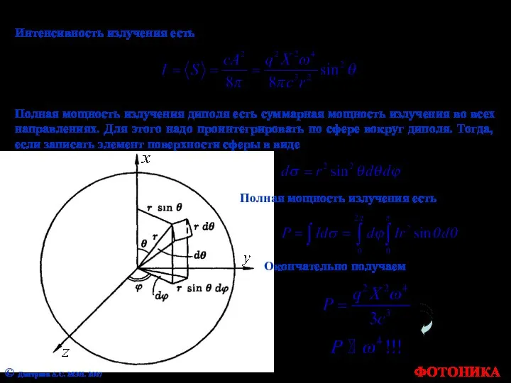 Интенсивность излучения есть Полная мощность излучения диполя есть суммарная мощность излучения