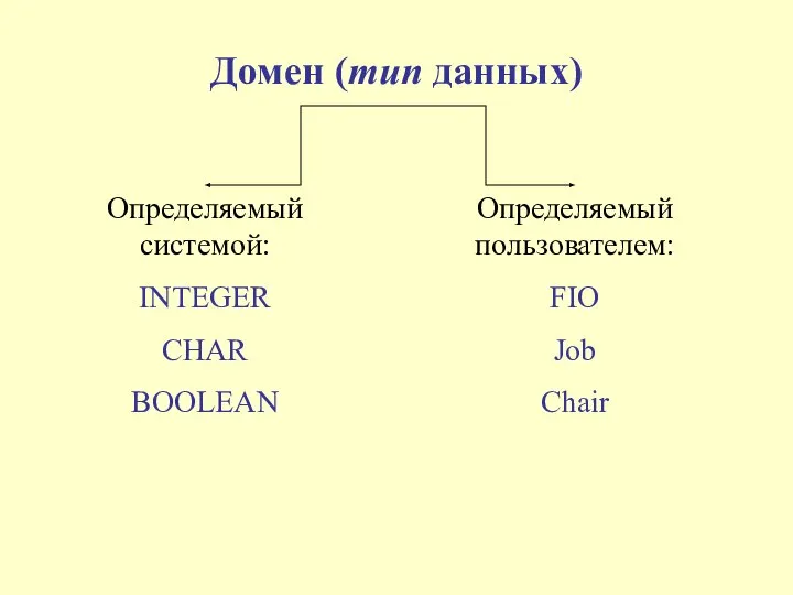 Домен (тип данных) Определяемый системой: INTEGER CHAR BOOLEAN Определяемый пользователем: FIO Job Chair