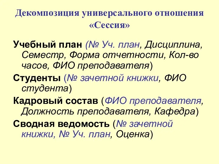 Декомпозиция универсального отношения «Сессия» Учебный план (№ Уч. план, Дисциплина, Семестр,