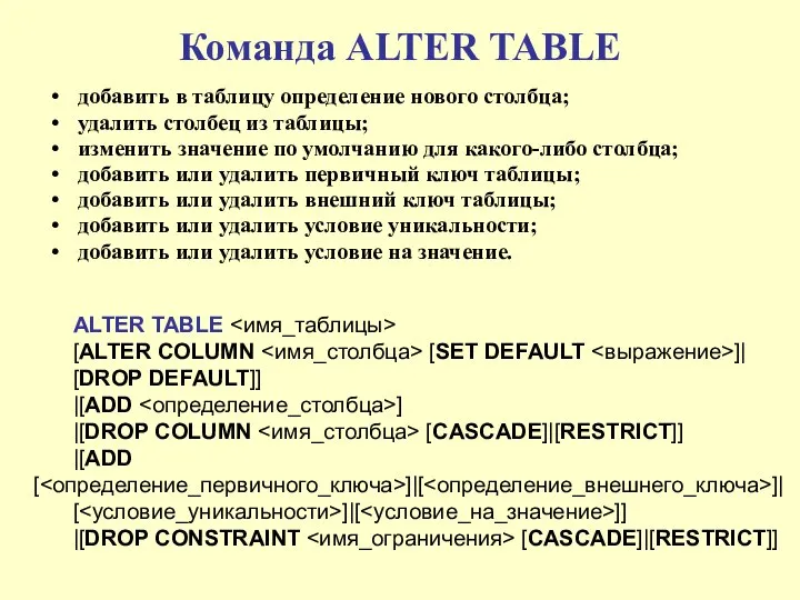 Команда ALTER TABLE добавить в таблицу определение нового столбца; удалить столбец