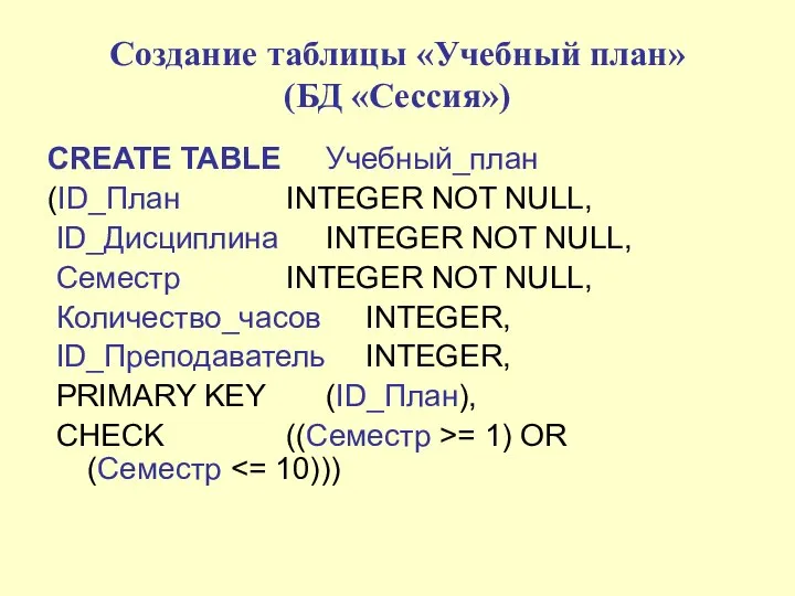 Создание таблицы «Учебный план» (БД «Сессия») CREATE TABLE Учебный_план (ID_План INTEGER