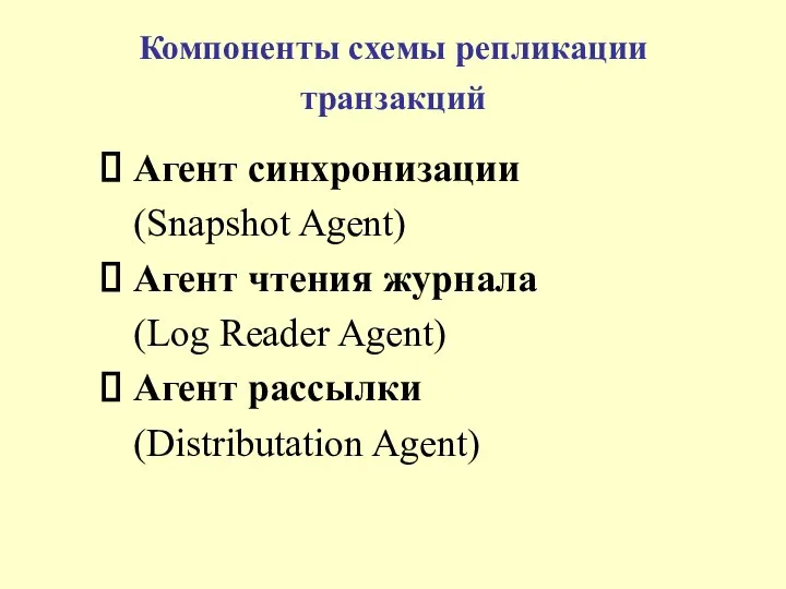 Компоненты схемы репликации транзакций Агент синхронизации (Snapshot Agent) Агент чтения журнала