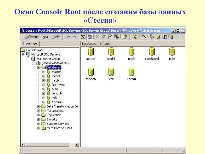 Окно Console Root после создания базы данных «Сессия»