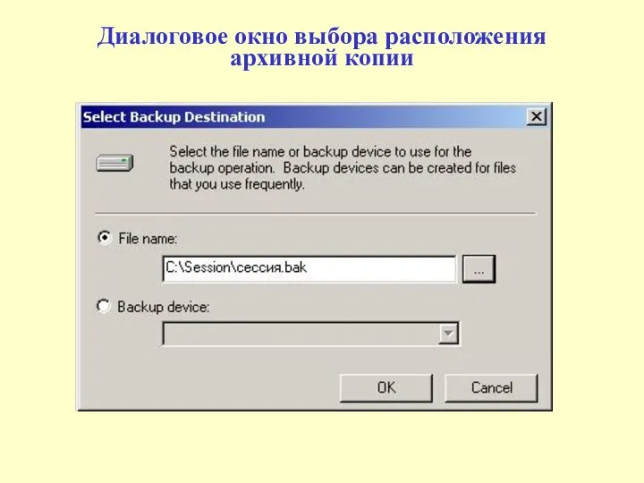 Диалоговое окно выбора расположения архивной копии
