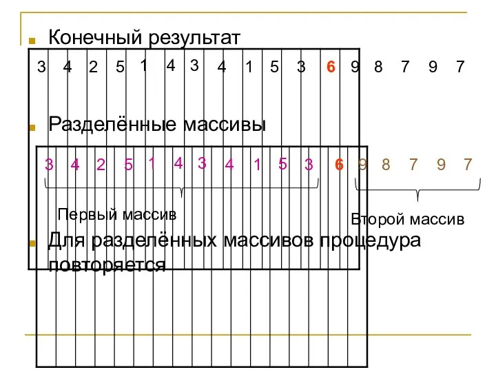 Конечный результат Разделённые массивы Для разделённых массивов процедура повторяется 1 5