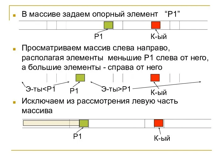 В массиве задаем опорный элемент “P1” Просматриваем массив слева направо, располагая