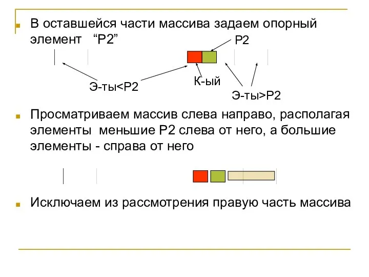 В оставшейся части массива задаем опорный элемент “P2” Просматриваем массив слева