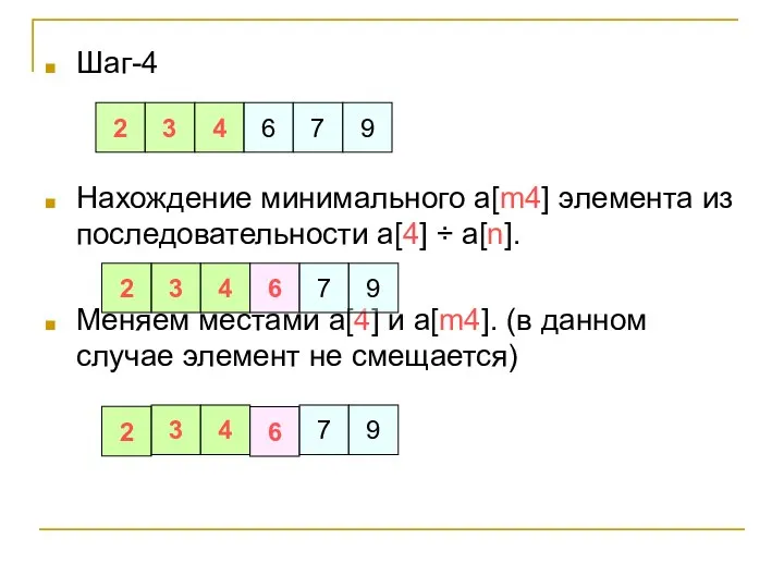 Шаг-4 Нахождение минимального a[m4] элемента из последовательности a[4] ÷ a[n]. Меняем