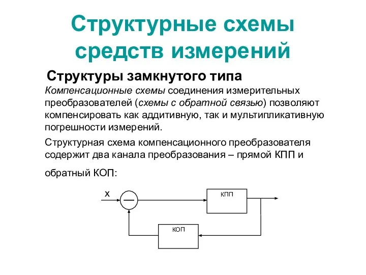 Структурные схемы средств измерений Структуры замкнутого типа Компенсационные схемы соединения измерительных