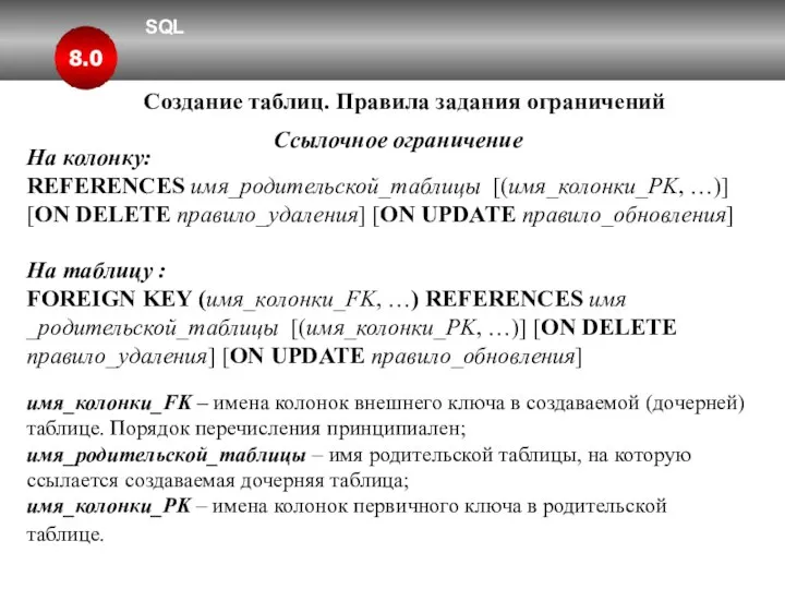 SQL 8.0 Создание таблиц. Правила задания ограничений Ссылочное ограничение На колонку: