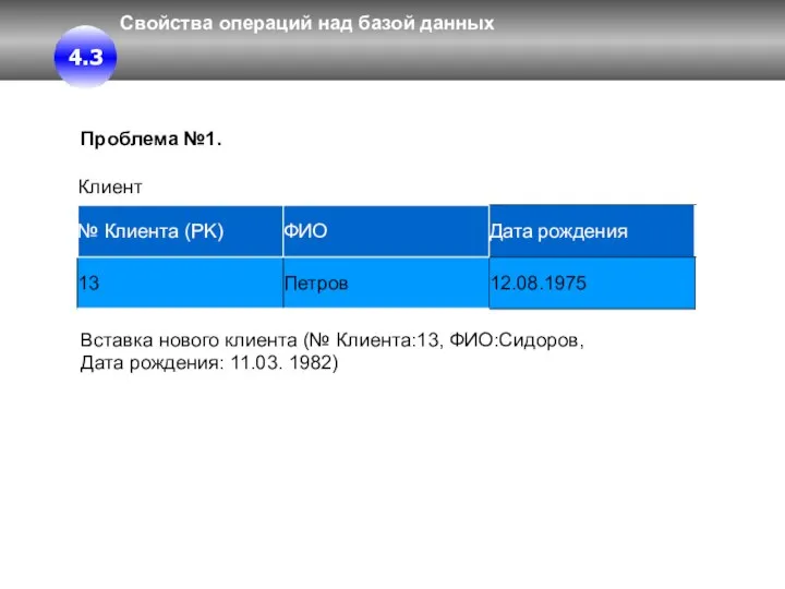 Свойства операций над базой данных Проблема №1. Вставка нового клиента (№