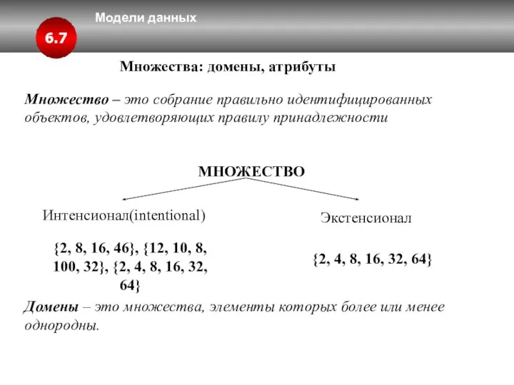 Модели данных 6.7 Множества: домены, атрибуты Множество – это собрание правильно