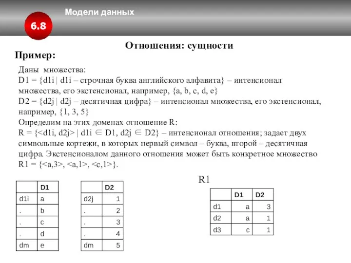 Модели данных 6.8 Отношения: сущности Пример: Даны множества: D1 = {d1i