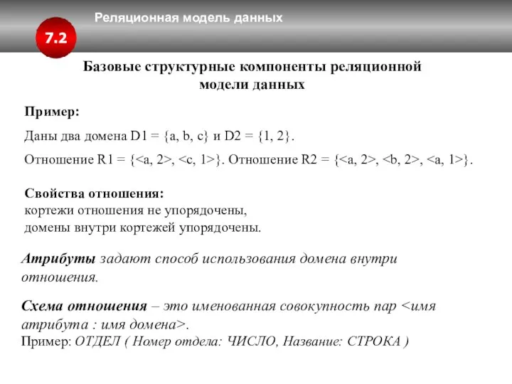 Реляционная модель данных 7.2 Базовые структурные компоненты реляционной модели данных Пример: