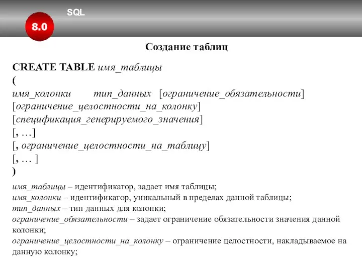 SQL 8.0 Создание таблиц CREATE TABLE имя_таблицы ( имя_колонки тип_данных [ограничение_обязательности]