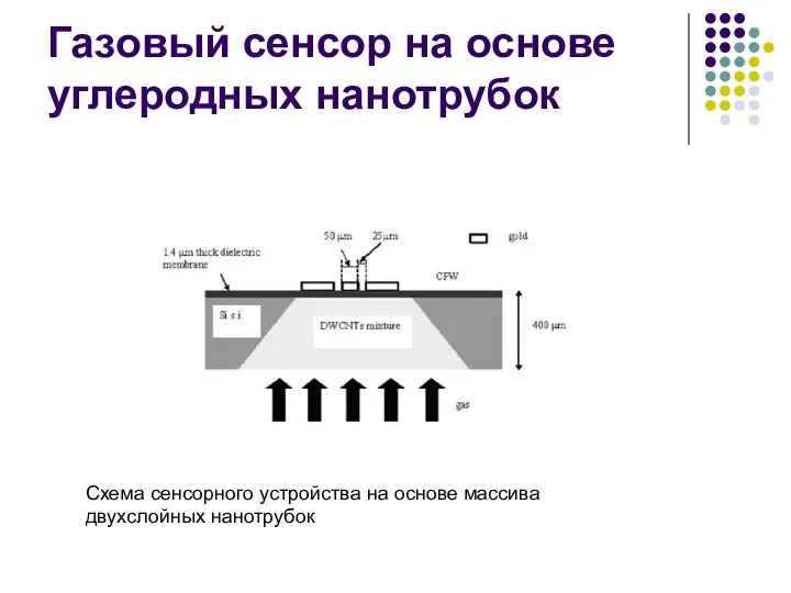 Газовый сенсор на основе углеродных нанотрубок Схема сенсорного устройства на основе массива двухслойных нанотрубок