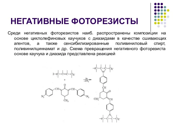 НЕГАТИВНЫЕ ФОТОРЕЗИСТЫ Среди негативных фоторезистов наиб. распространены композиции на основе циклолефиновых