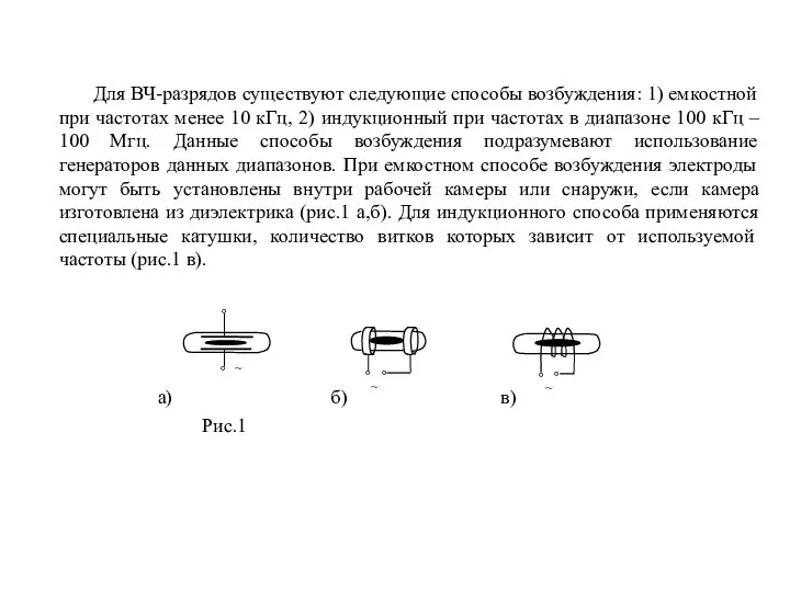 Для ВЧ-разрядов существуют следующие способы возбуждения: 1) емкостной при частотах менее