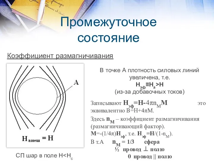 Промежуточное состояние Коэффициент размагничивания СП шар в поле H В точке