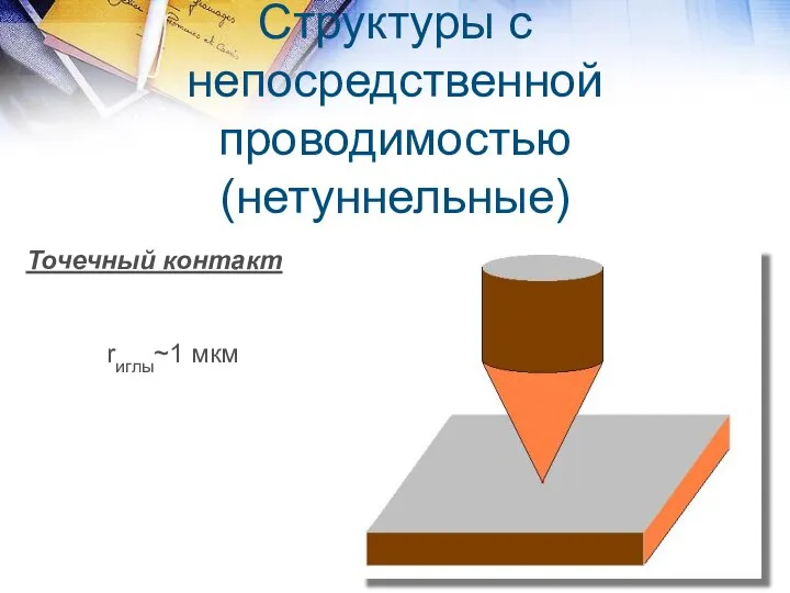 Структуры с непосредственной проводимостью (нетуннельные) Точечный контакт rиглы~1 мкм