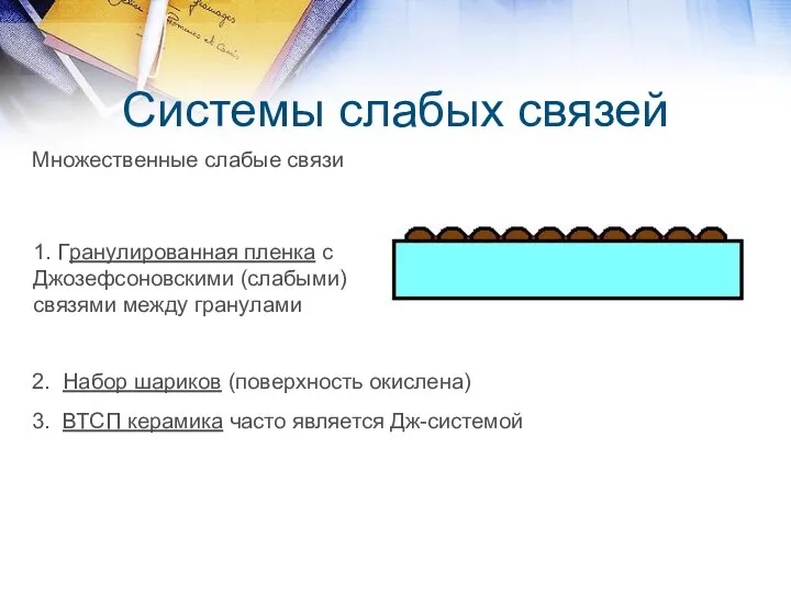 Системы слабых связей Множественные слабые связи 1. Гранулированная пленка с Джозефсоновскими