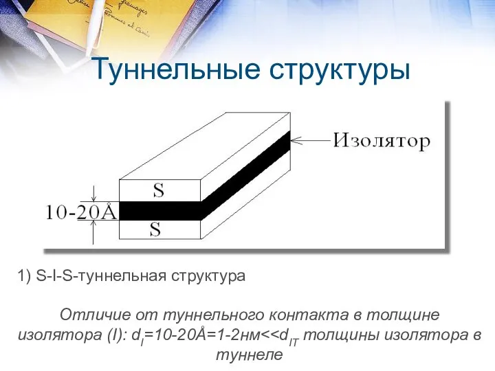 Туннельные структуры 1) S-I-S-туннельная структура Отличие от туннельного контакта в толщине изолятора (I): dI=10-20Å=1-2нм