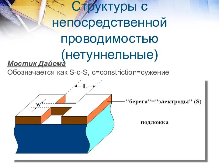 Структуры с непосредственной проводимостью (нетуннельные) Мостик Дайема Обозначается как S-c-S, c=constriction=сужение