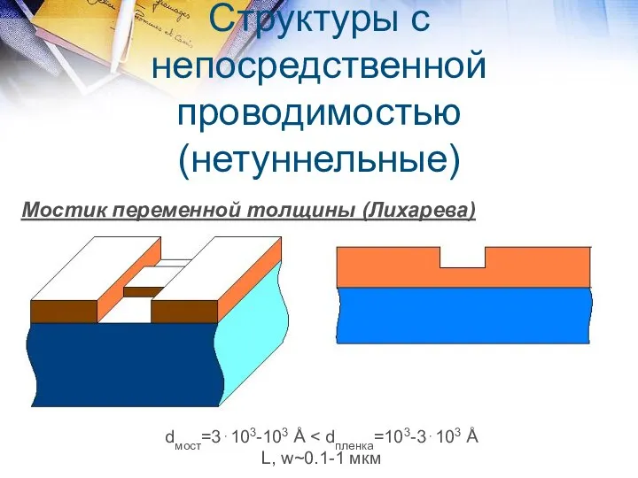 Структуры с непосредственной проводимостью (нетуннельные) Мостик переменной толщины (Лихарева) dмост=3⋅103-103 Å L, w~0.1-1 мкм