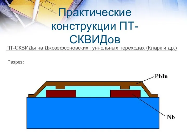 Практические конструкции ПТ-СКВИДов ПТ-СКВИДы на Джозефсоновских туннельных переходах (Кларк и др.) Разрез: