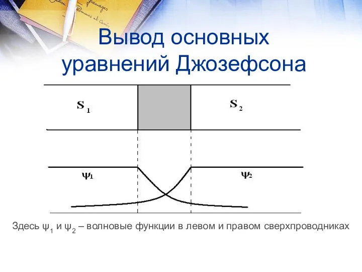 Вывод основных уравнений Джозефсона Здесь ψ1 и ψ2 – волновые функции в левом и правом сверхпроводниках