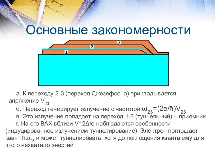 Основные закономерности а. К переходу 2-3 (переход Джозефсона) прикладывается напряжение V23.