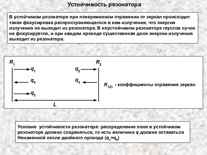 Устойчивость резонатора В устойчивом резонаторе при попеременном отражении от зеркал происходит