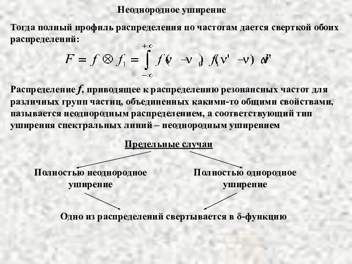 Неоднородное уширение Тогда полный профиль распределения по частотам дается сверткой обоих