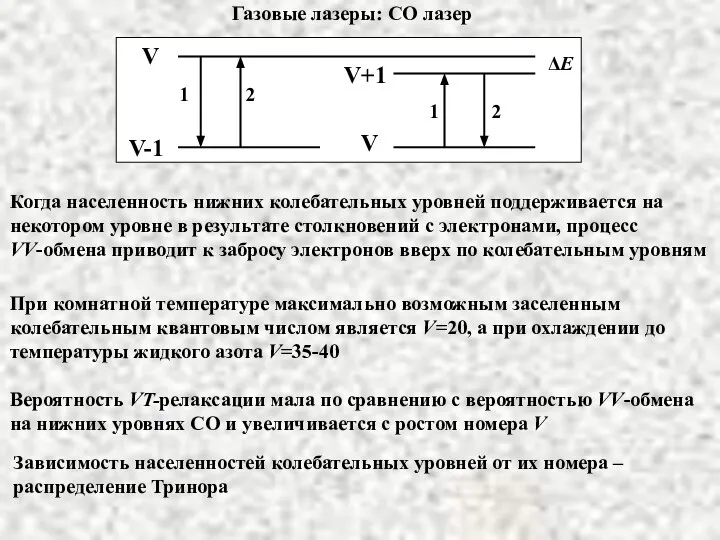 Газовые лазеры: СО лазер Когда населенность нижних колебательных уровней поддерживается на