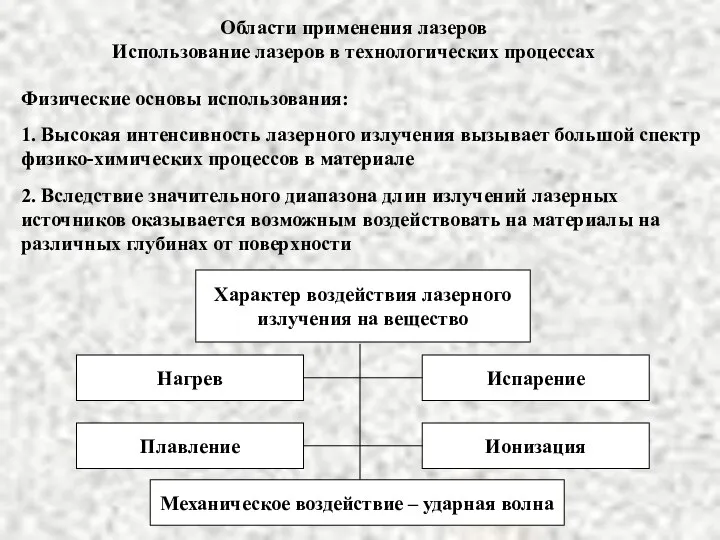 Области применения лазеров Использование лазеров в технологических процессах 1. Высокая интенсивность