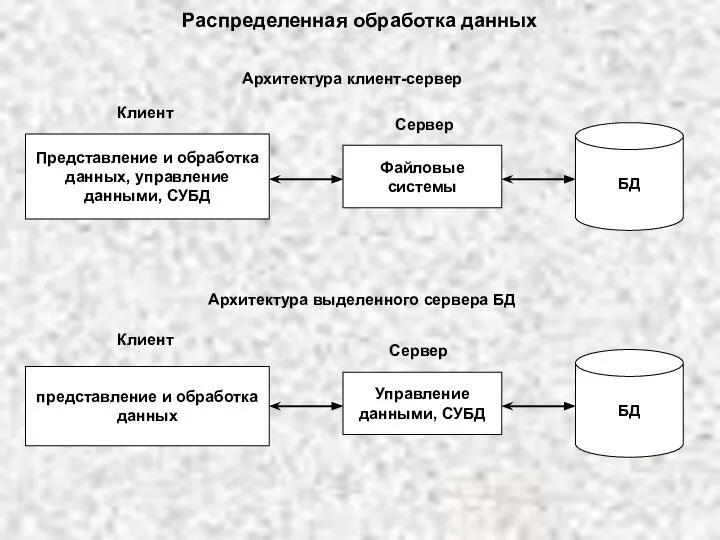 Распределенная обработка данных Архитектура клиент-сервер Представление и обработка данных, управление данными,