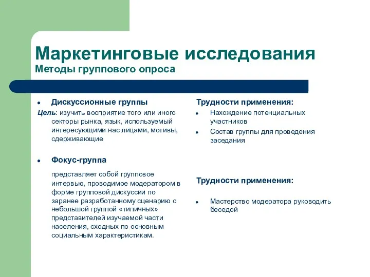 Маркетинговые исследования Методы группового опроса Дискуссионные группы Цель: изучить восприятие того