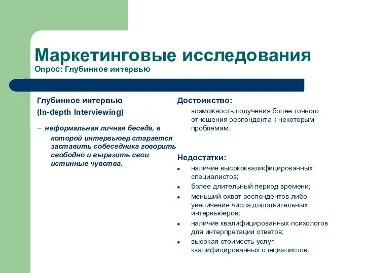 Маркетинговые исследования Опрос: Глубинное интервью Глубинное интервью (In-depth Interviewing) – неформальная