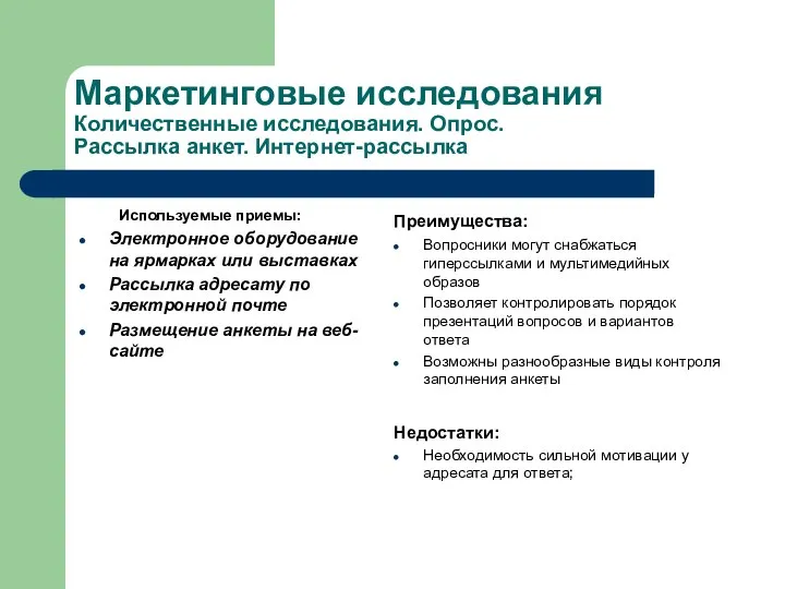 Маркетинговые исследования Количественные исследования. Опрос. Рассылка анкет. Интернет-рассылка Используемые приемы: Электронное