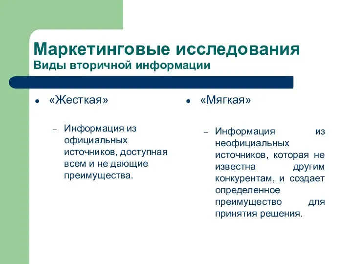 Маркетинговые исследования Виды вторичной информации «Жесткая» Информация из официальных источников, доступная