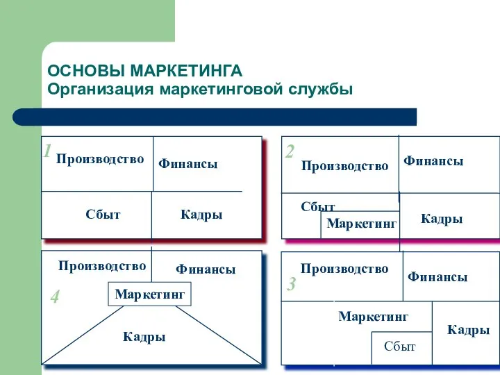 ОСНОВЫ МАРКЕТИНГА Организация маркетинговой службы Производство Финансы Сбыт Кадры Сбыт Маркетинг