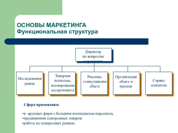 ОСНОВЫ МАРКЕТИНГА Функциональная структура Сфера применения: в крупных фирм с большим