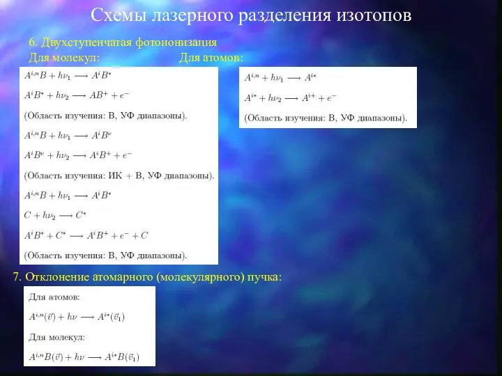 Схемы лазерного разделения изотопов 7. Отклонение атомарного (молекулярного) пучка: 6. Двухступенчатая фотоионизация Для молекул: Для атомов: