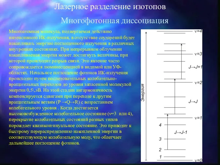 Лазерное разделение изотопов Многофотонная диссоциация Многоатомная молекула, подвергаемая действию интенсивного ИК-излучения,