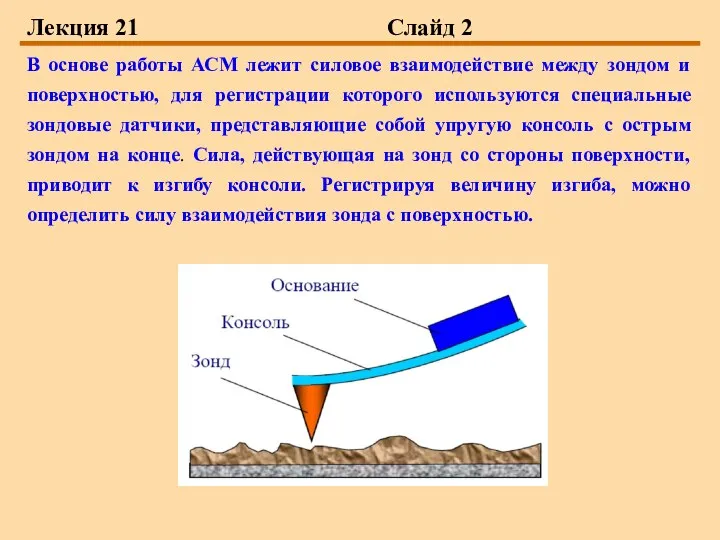 Лекция 21 Слайд 2 В основе работы АСМ лежит силовое взаимодействие