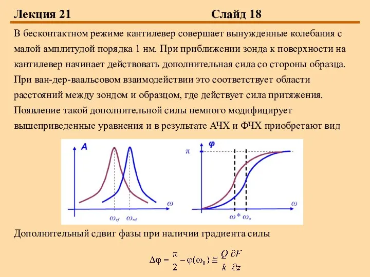 Лекция 21 Слайд 18 В бесконтактном режиме кантилевер совершает вынужденные колебания