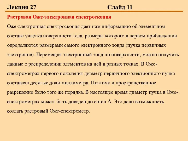 Лекция 27 Слайд 11 Растровая Оже-электронная спектроскопия Оже-электронная спектроскопия дает нам