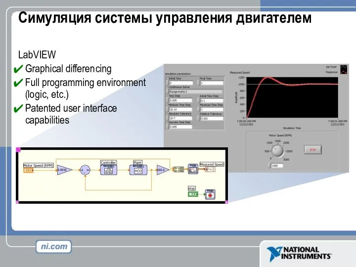 Симуляция системы управления двигателем LabVIEW Graphical differencing Full programming environment (logic, etc.) Patented user interface capabilities