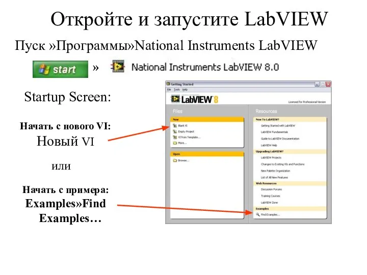 Пуск »Программы»National Instruments LabVIEW Startup Screen: Начать с нового VI: Новый