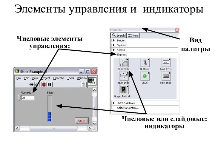 Элементы управления и индикаторы Числовые или слайдовые: индикаторы Числовые элементы управления: Вид палитры